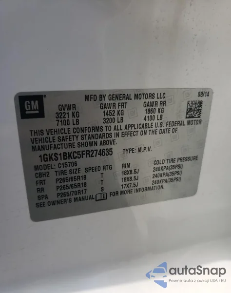 2015 GMC Yukon Slt z USA, uszkodzony, nr VIN 1GKS1BKC5FR274635